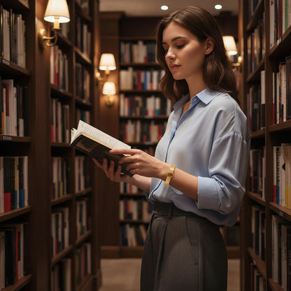 Woman reading a book between tall library shelves, wearing a Brown gemstone cuff bracelet that adds a warm golden accent to her light blue shirt and tailored trousers | Oria Jewel