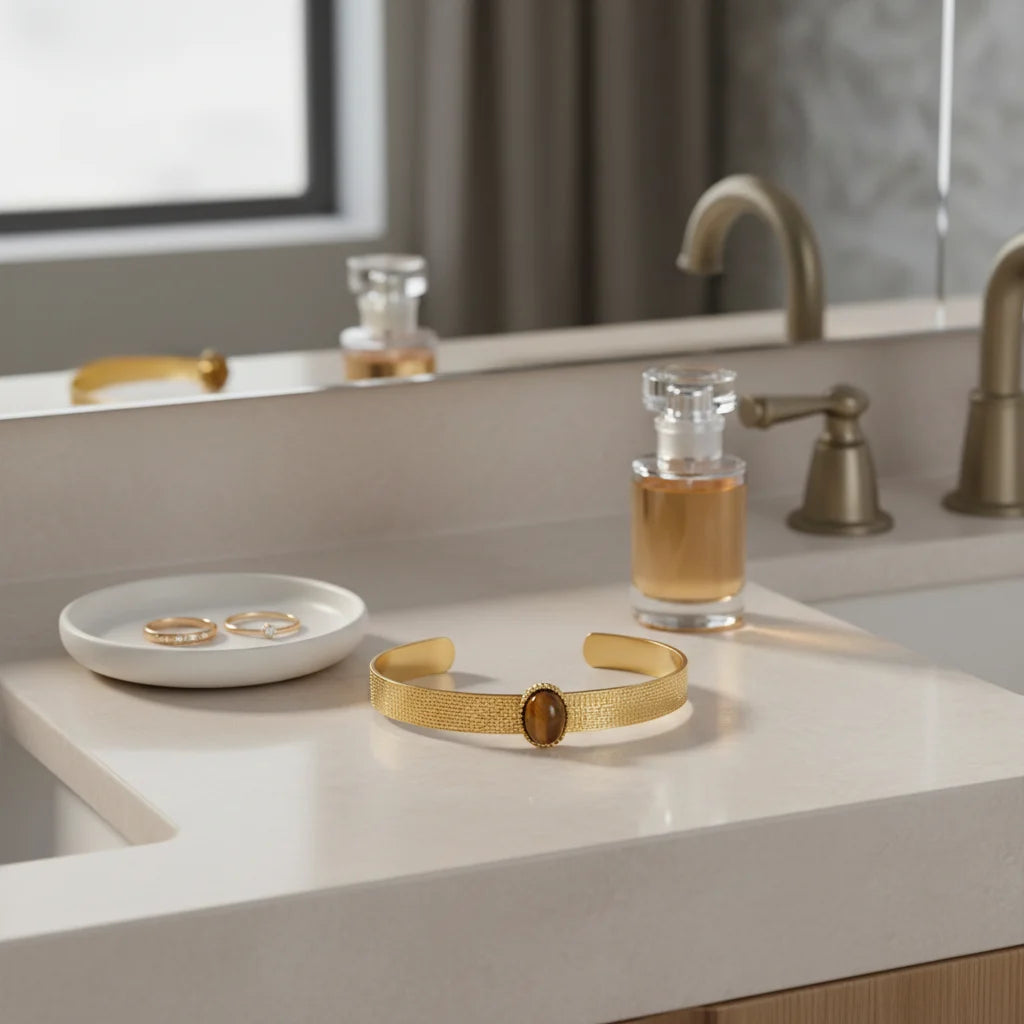 Brown gemstone cuff bracelet resting on a bathroom vanity beside gold-toned faucet, glass perfume bottle, and ring dish, styled as an elegant everyday accessory | Oria Jewel