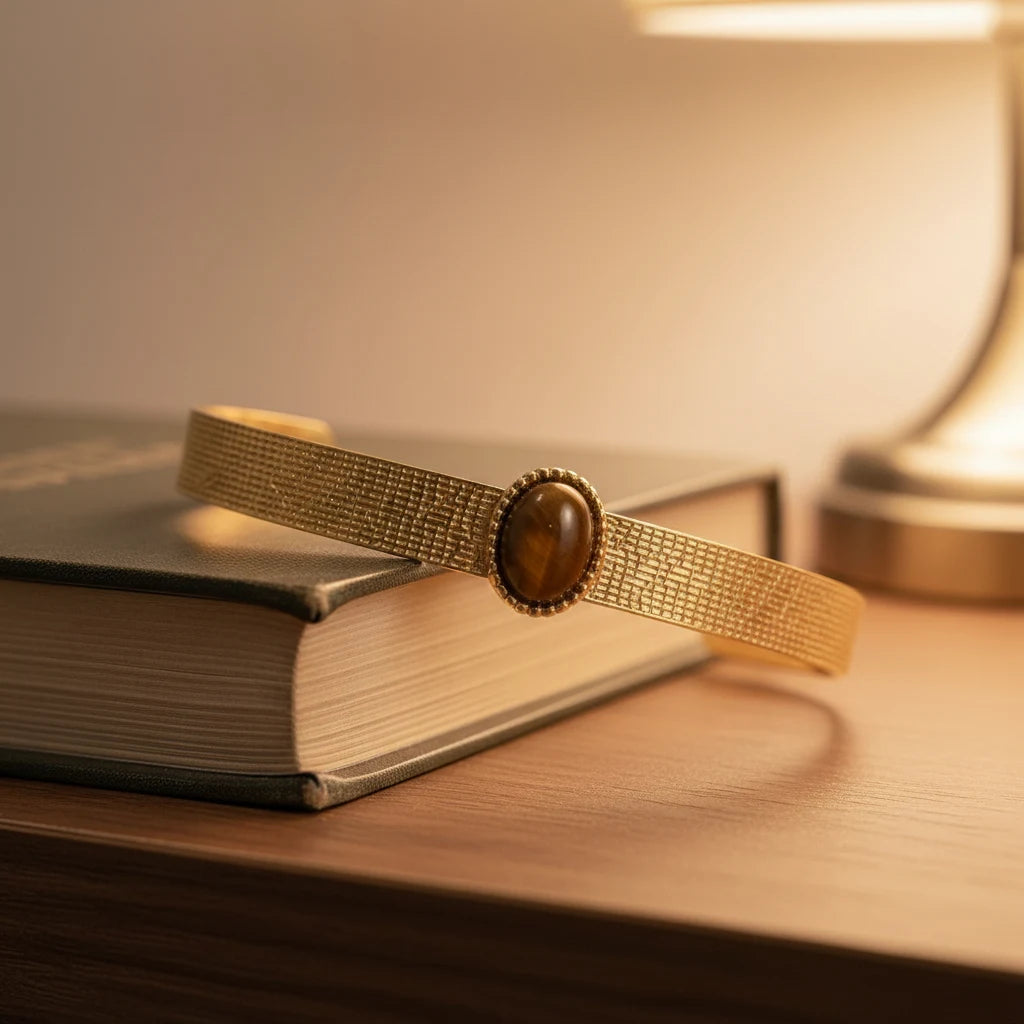 Close-up of a Brown gemstone cuff bracelet draped over the spine of a closed book on a wooden nightstand, softly illuminated by a warm bedside lamp | Oria Jewel