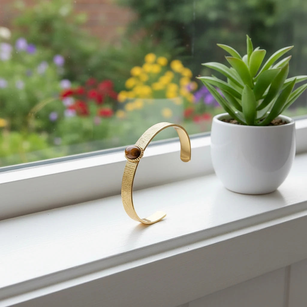 Brown gemstone cuff bracelet standing upright on a bright windowsill next to a small white planter with a green succulent and blurred colorful garden in the background | Oria Jewel