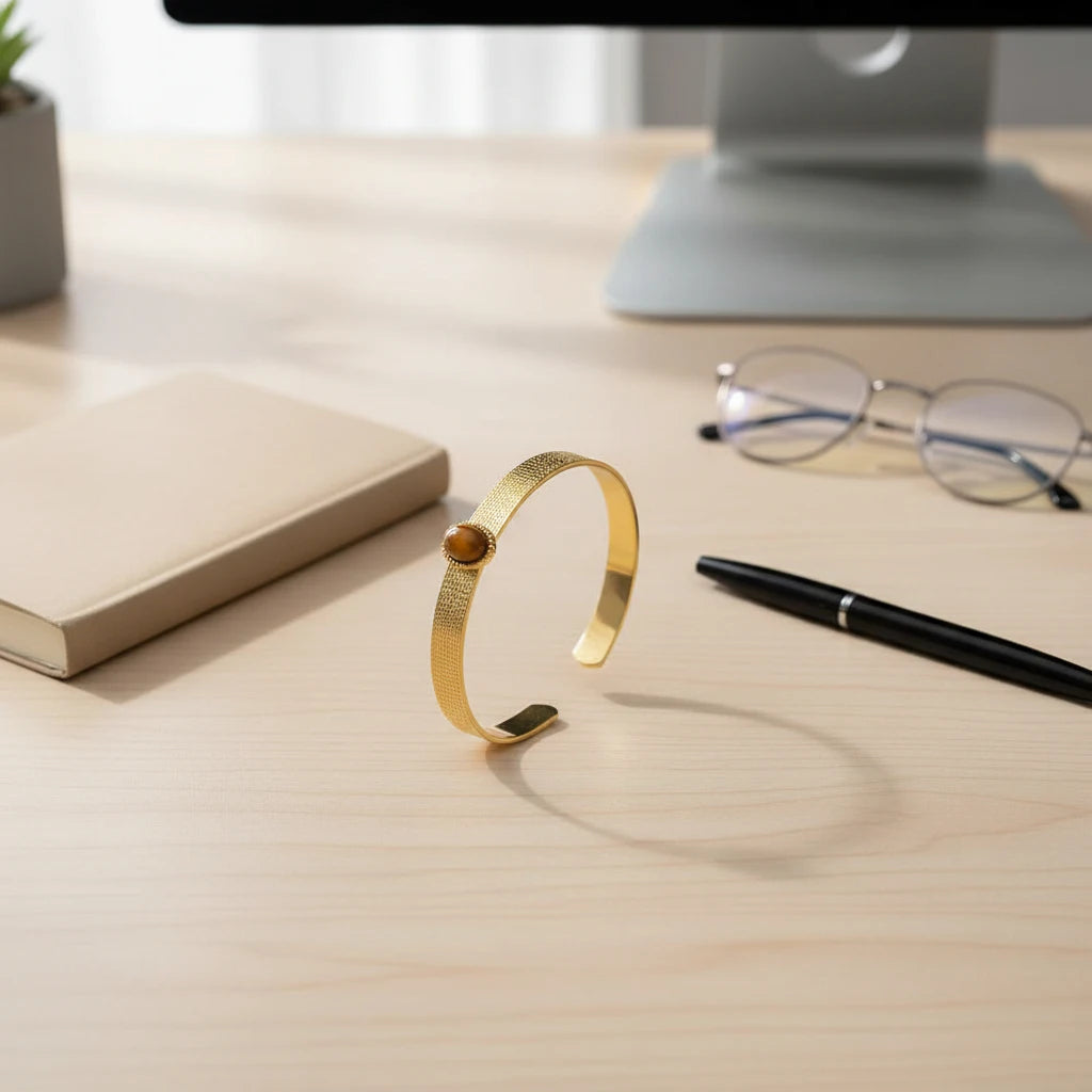Brown gemstone cuff bracelet placed on a tidy wooden desk near a notebook, glasses, and pen, suggesting a polished workday look with subtle textured shine | Oria Jewel
