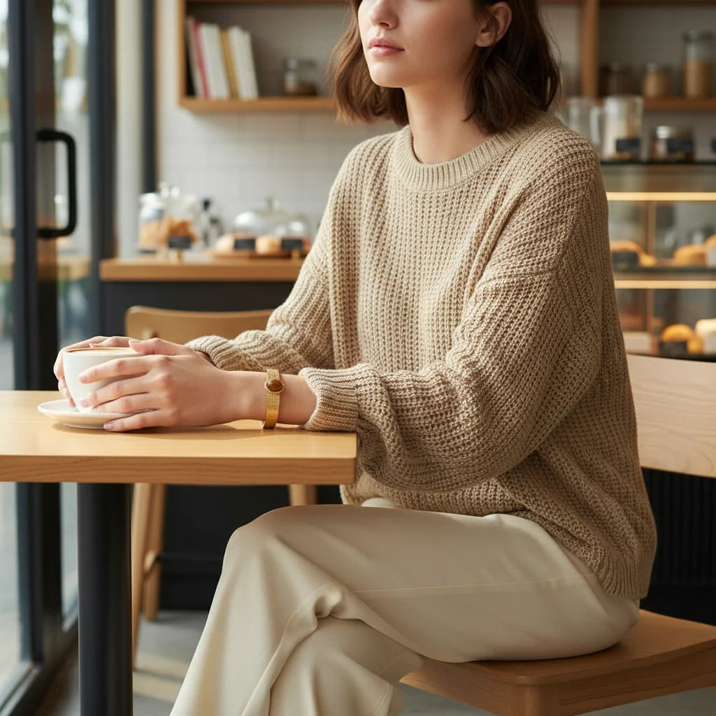 Cozy café scene with a woman in a beige knit sweater holding a cup, the Brown gemstone cuff bracelet adding a refined gold and brown accent to her relaxed outfit | Oria Jewel