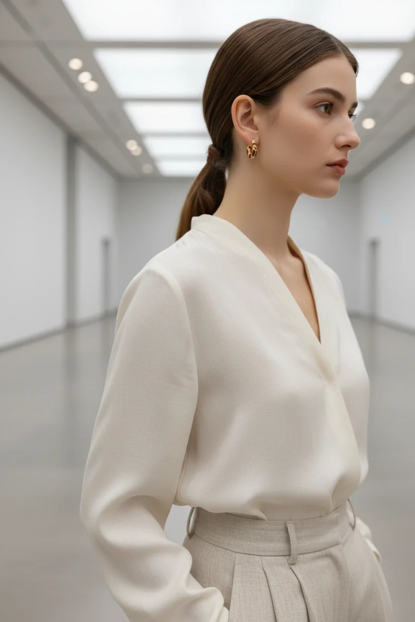 Burgundy Huggie Hoop Earrings worn on model in modern hallway | OriaJewel