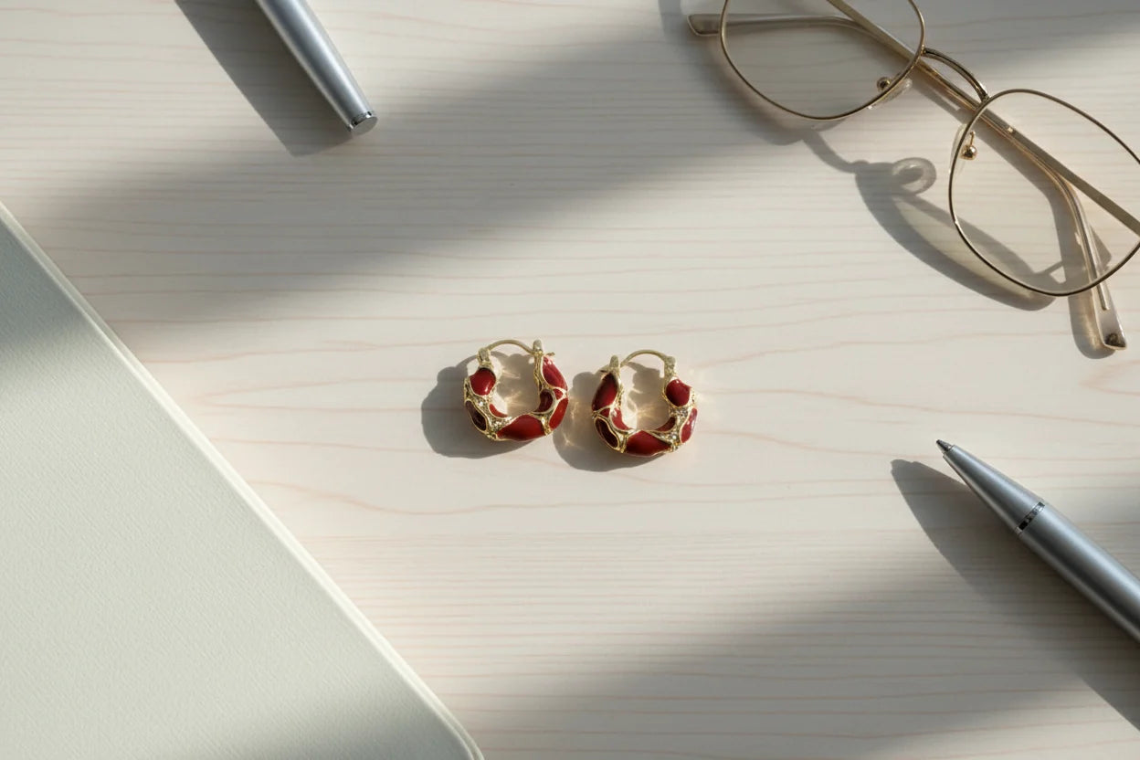 Burgundy Huggie Hoop Earrings flat lay with glasses and notebook | OriaJewel