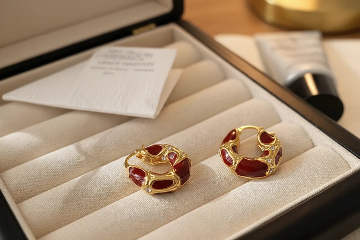 Burgundy Red Huggie Hoop Earrings in jewelry box close-up | OriaJewel