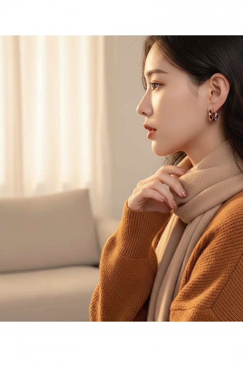 Burgundy Red Huggie Hoop Earrings worn by model side profile with scarf | OriaJewel