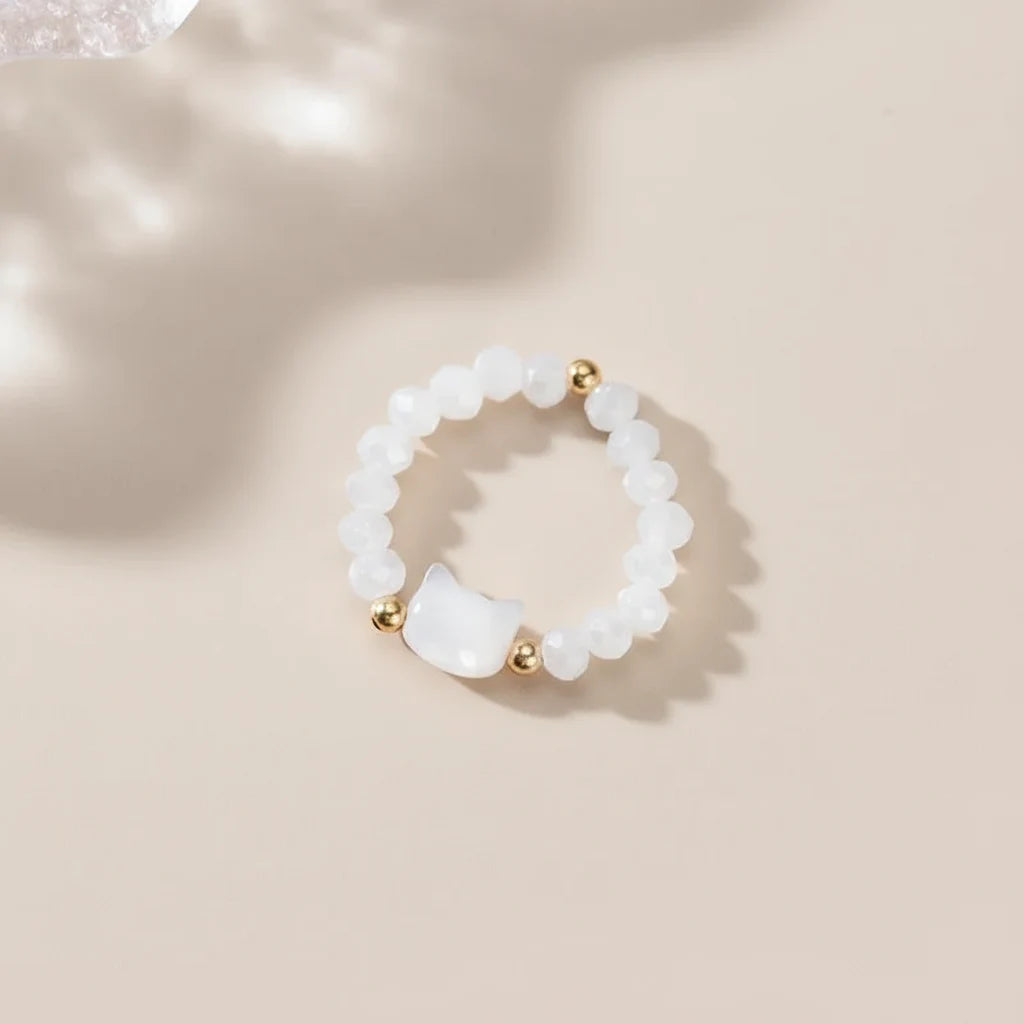 Cat Charm Ring with a white cat face and beads, perfect for cat lovers and stylish accessories | Oria Jewel