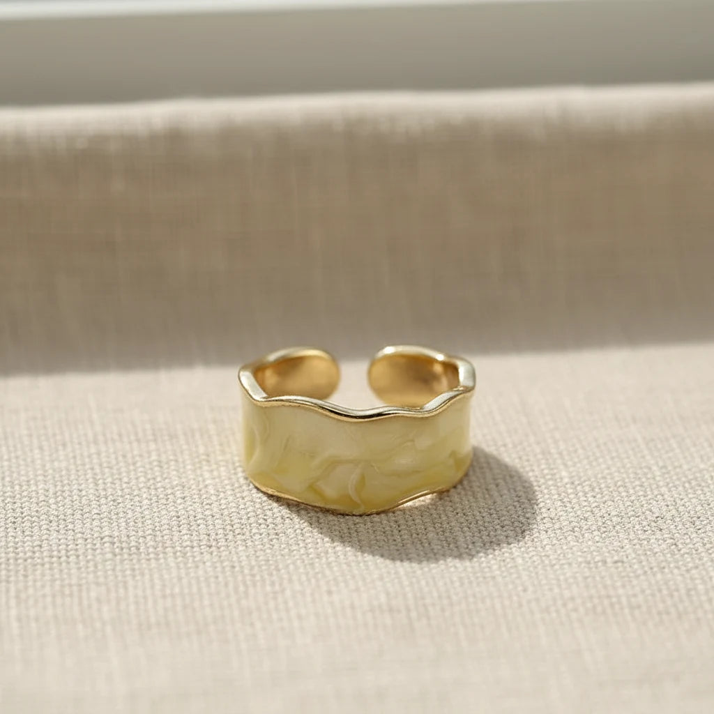 Champagne Marble Open Wave Ring on linen fabric with warm sunlight and soft shadows | OriaJewel