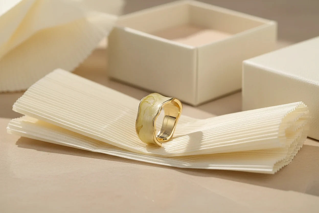 Champagne Marble Open Wave Ring displayed on pleated fabric with gift boxes in the background | OriaJewel