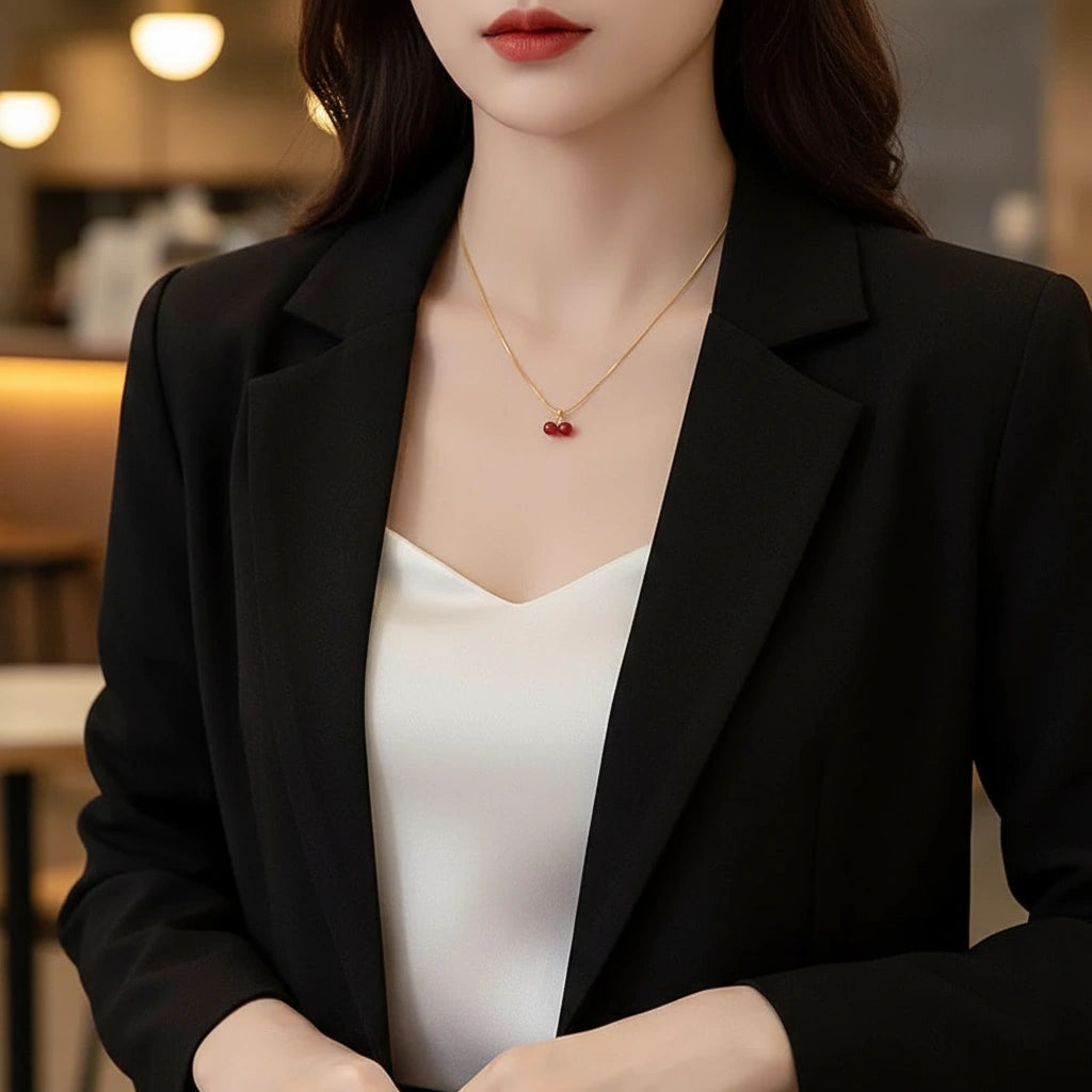 Cherry Pendant Necklace adding a touch of charm to a professional outfit with black blazer and silk white blouse | Oria Jewel
