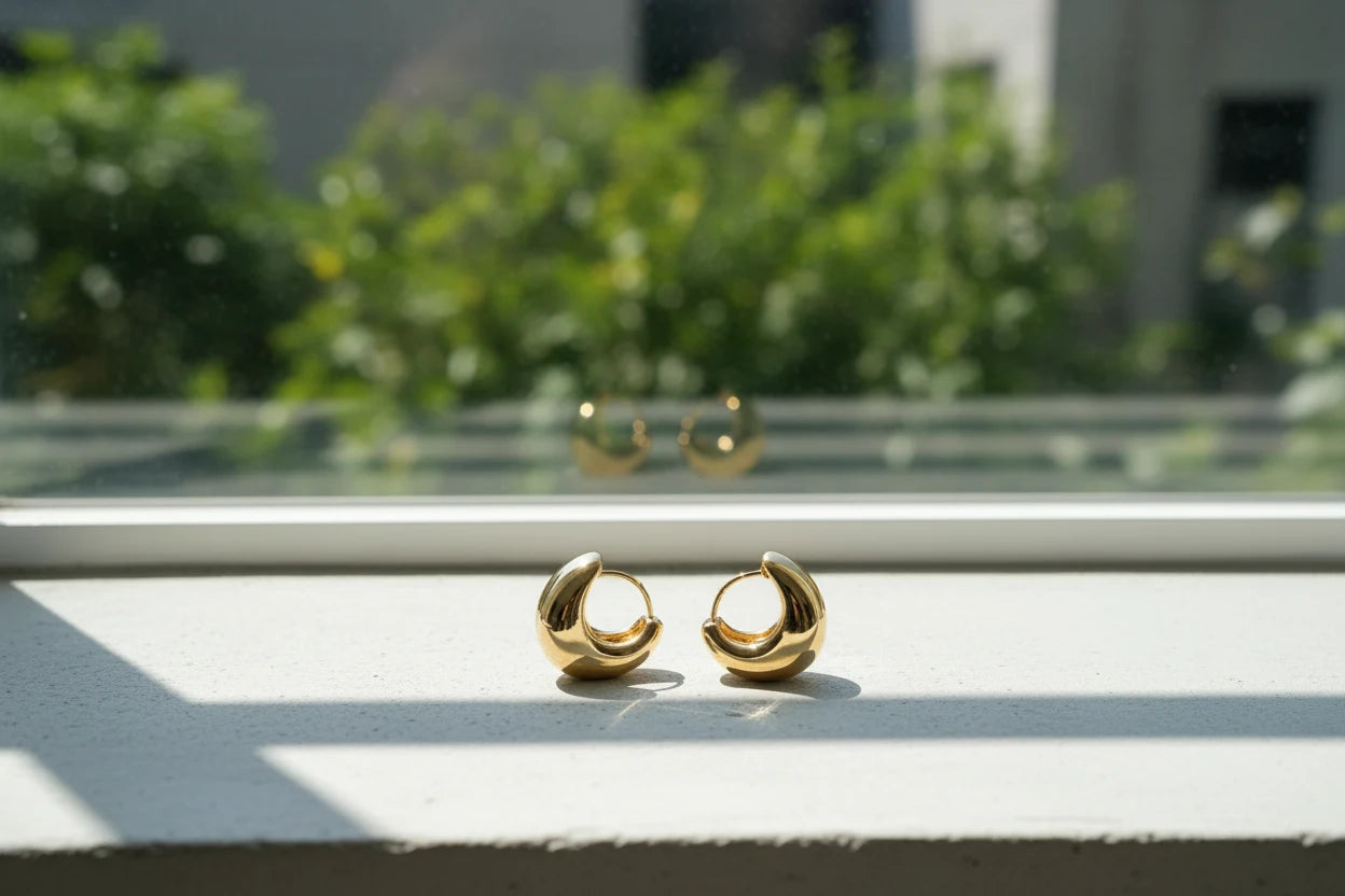 Chunky Gold Huggie Hoop Earrings on sunlit windowsill with greenery bokeh | OriaJewel
