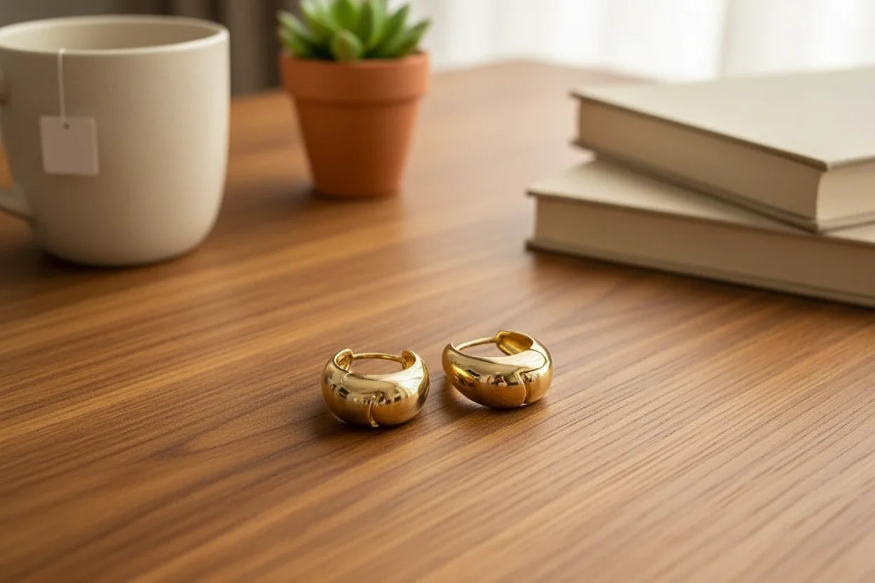 Chunky Gold Huggie Hoop Earrings on wooden table with books and mug | OriaJewel