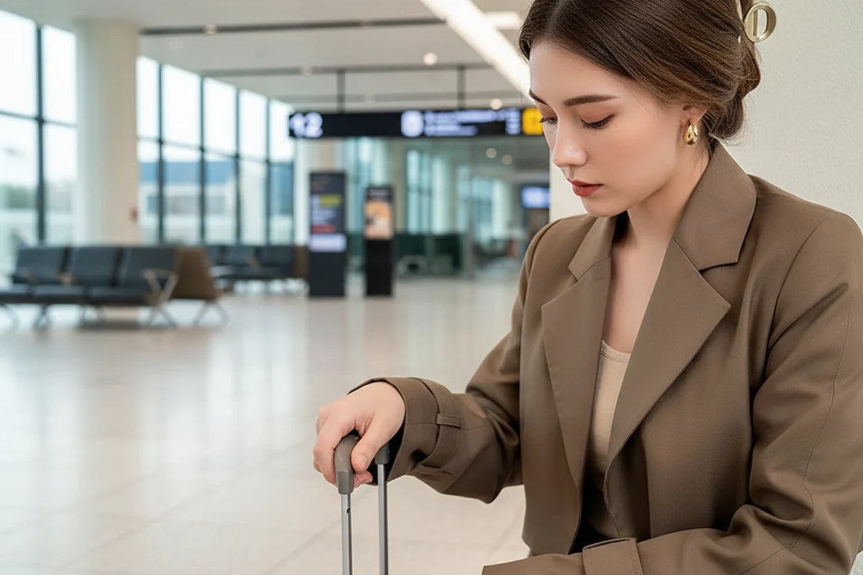 Chunky Gold Huggie Hoop Earrings worn at airport with suitcase lifestyle shot | OriaJewel