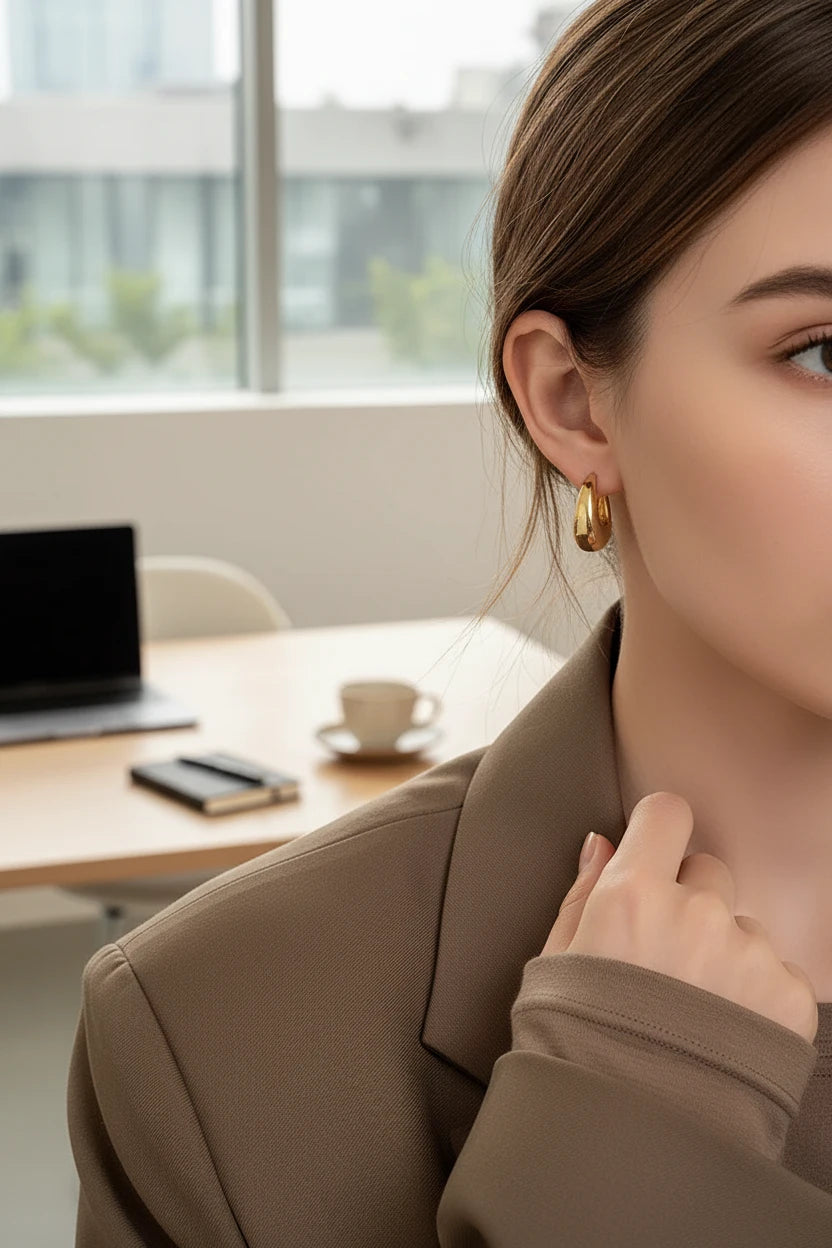 Chunky Gold Huggie Hoop Earrings close-up on model in office setting | OriaJewel