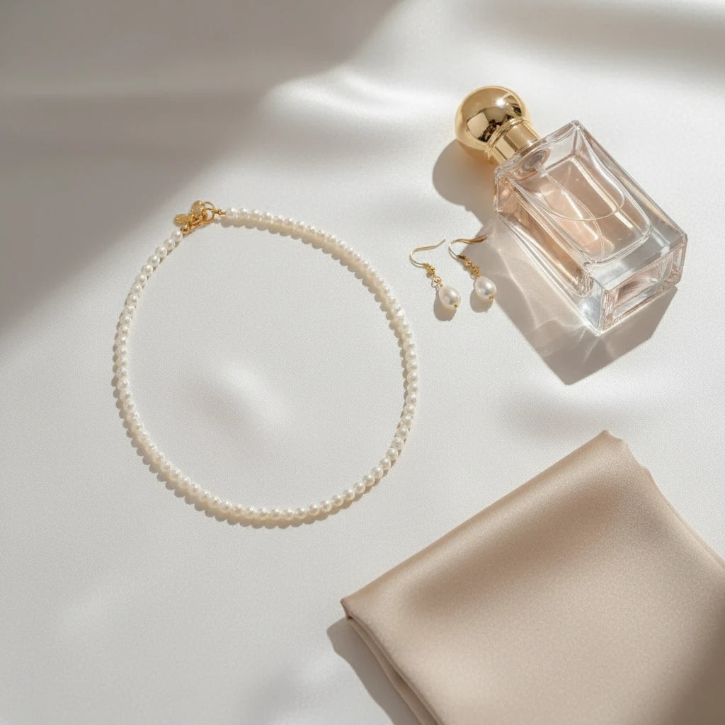 Flat-lay of Classic Pearl Choker with matching pearl earrings, perfume bottle, and silk fabric — minimal luxury aesthetic | Oria Jewel