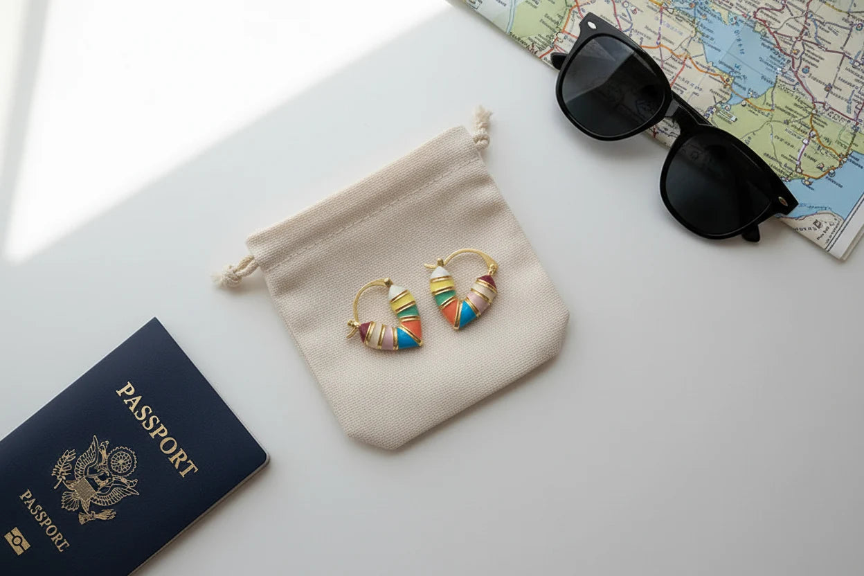 Colorful Heart Huggie Hoop Earrings flat lay with passport and sunglasses | OriaJewel