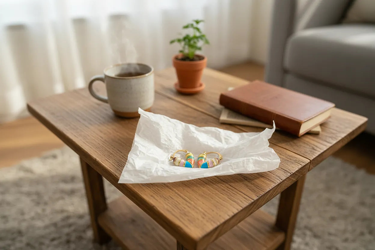 Colorful Heart Huggie Hoop Earrings on tissue paper table styling | OriaJewel