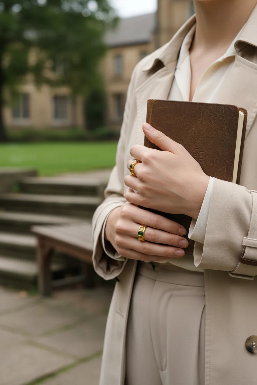 Outdoor lifestyle shot with a notebook and trench coat, featuring a Colorful stone band ring in mixed colors | OriaJewel