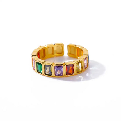 Clean studio product photo of Colorful stone band ring, adjustable gold band with multicolor rectangular stones | OriaJewel