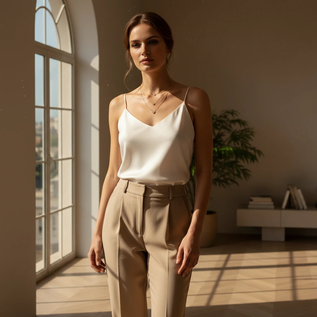 Cosmic Star Necklace in gold styled with white silk camisole and beige trousers, glowing in natural sunlight near window | Oria Jewel
