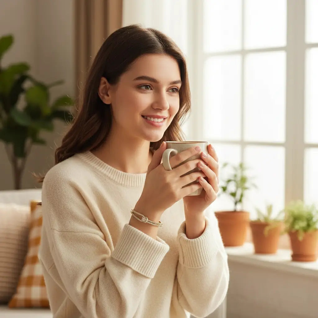 Smiling woman in a cozy cream sweater holding a mug by the window, wearing a gold Crystal Knot Cuff Bracelet | Oria jewel