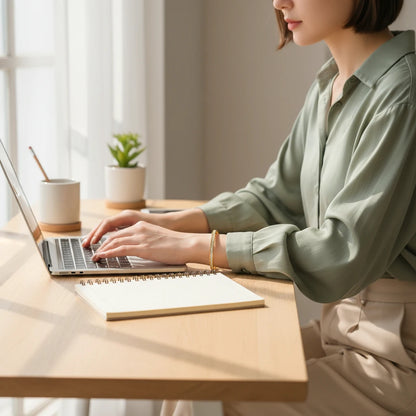 Woman typing on a laptop at a bright wooden desk, wearing the Crystal Line Gold Bangle on her wrist, the delicate row of crystals catching the natural light and giving a professional yet feminine touch to her everyday office look | Oria Jewel