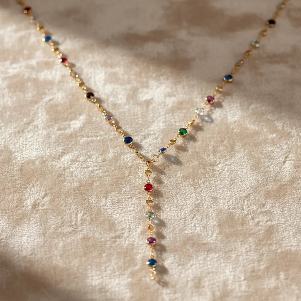 Crystal Y Necklace featuring colorful gemstones on a delicate gold chain, perfect for adding elegance to any outfit | Oria Jewel
