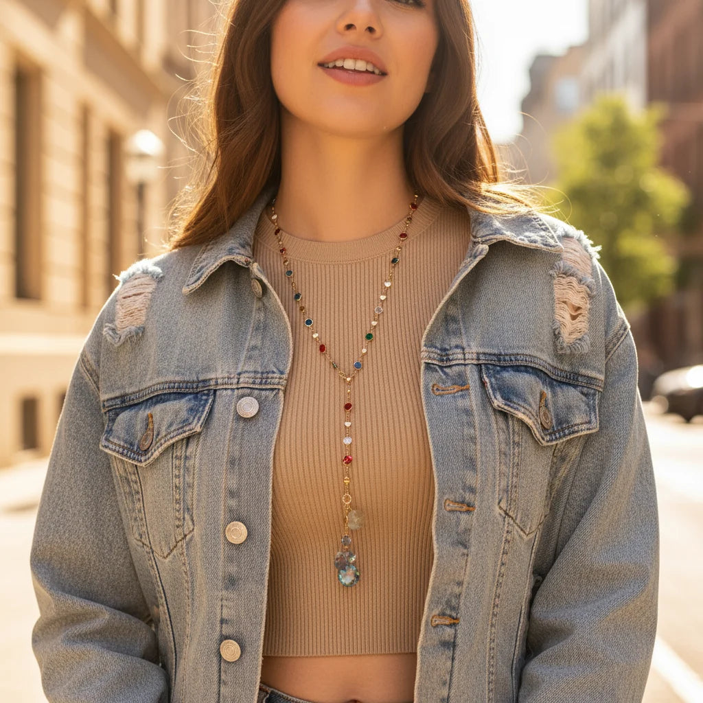 Woman wearing a denim jacket and a Crystal Y Necklace, styled with colorful beads, outdoors in sunlight | Oria Jewel