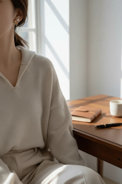Double Pearl Huggie Hoop Earrings worn by model at desk by window | OriaJewel