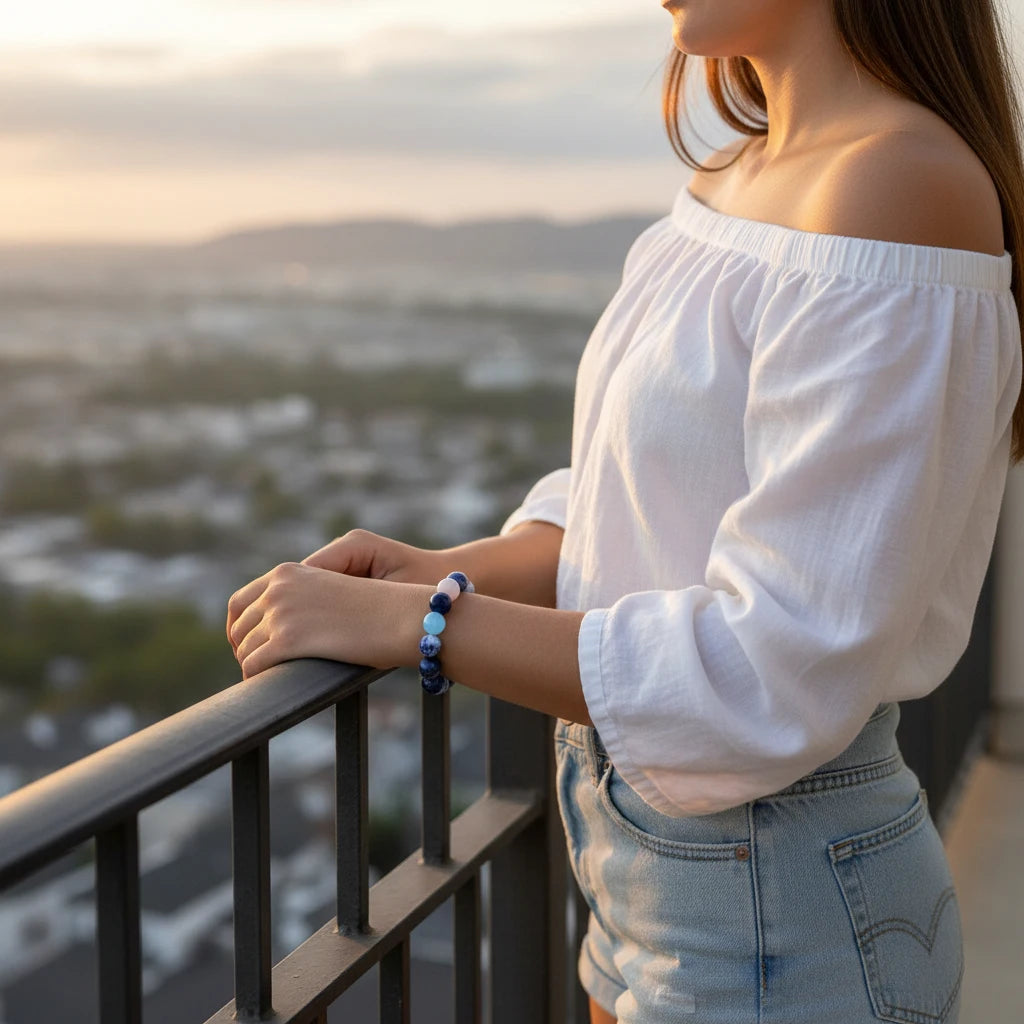 Woman watching city sunset on balcony wearing blue Earth Energy Crystal Bracelet | Oria Jewel