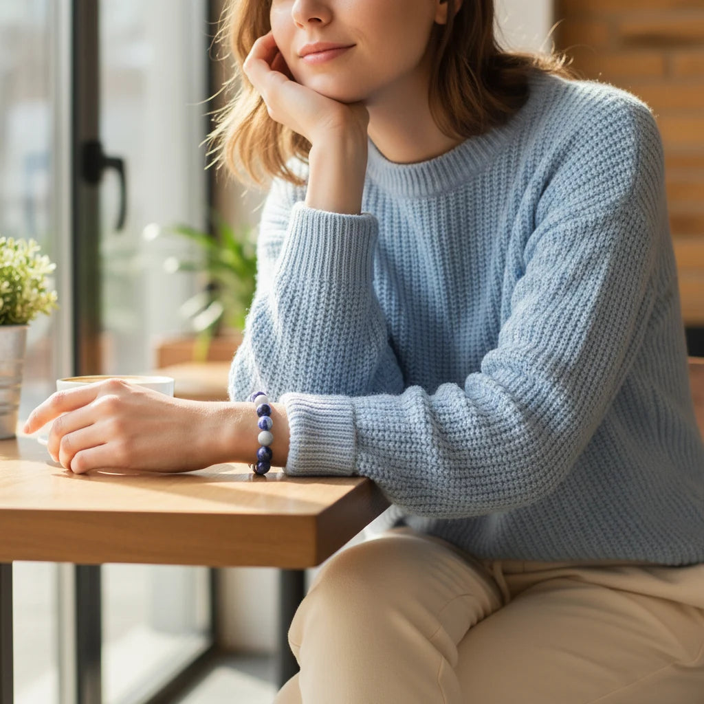 Woman relaxing in cozy café, blue Earth Energy Crystal Bracelet on her wrist | Oria Jewel
