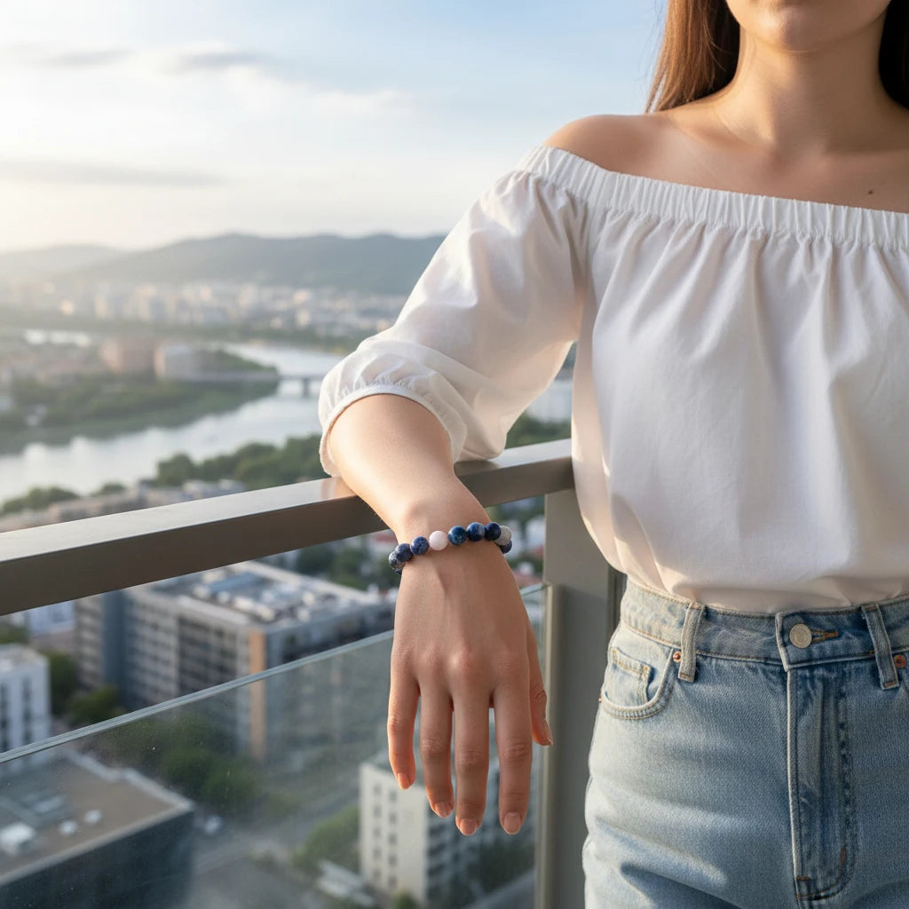 Young woman by riverside balcony showcasing blue Earth Energy Crystal Bracelet in sunlight | Oria Jewel