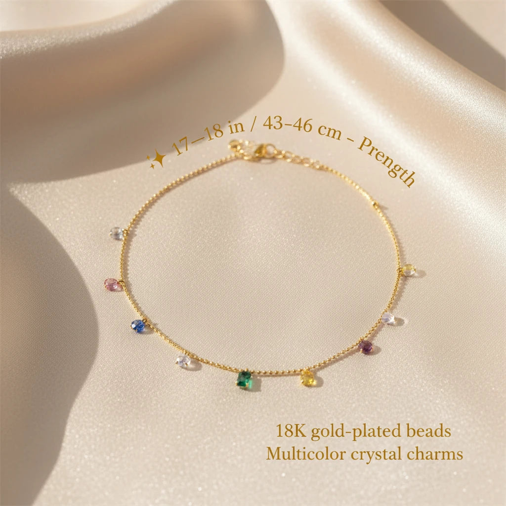 Elegant Zircon Necklace displayed on satin with gold text overlay showing length and 18K gold-plated bead details | Oria Jewel