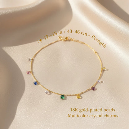 Elegant Zircon Necklace displayed on satin with gold text overlay showing length and 18K gold-plated bead details | Oria Jewel