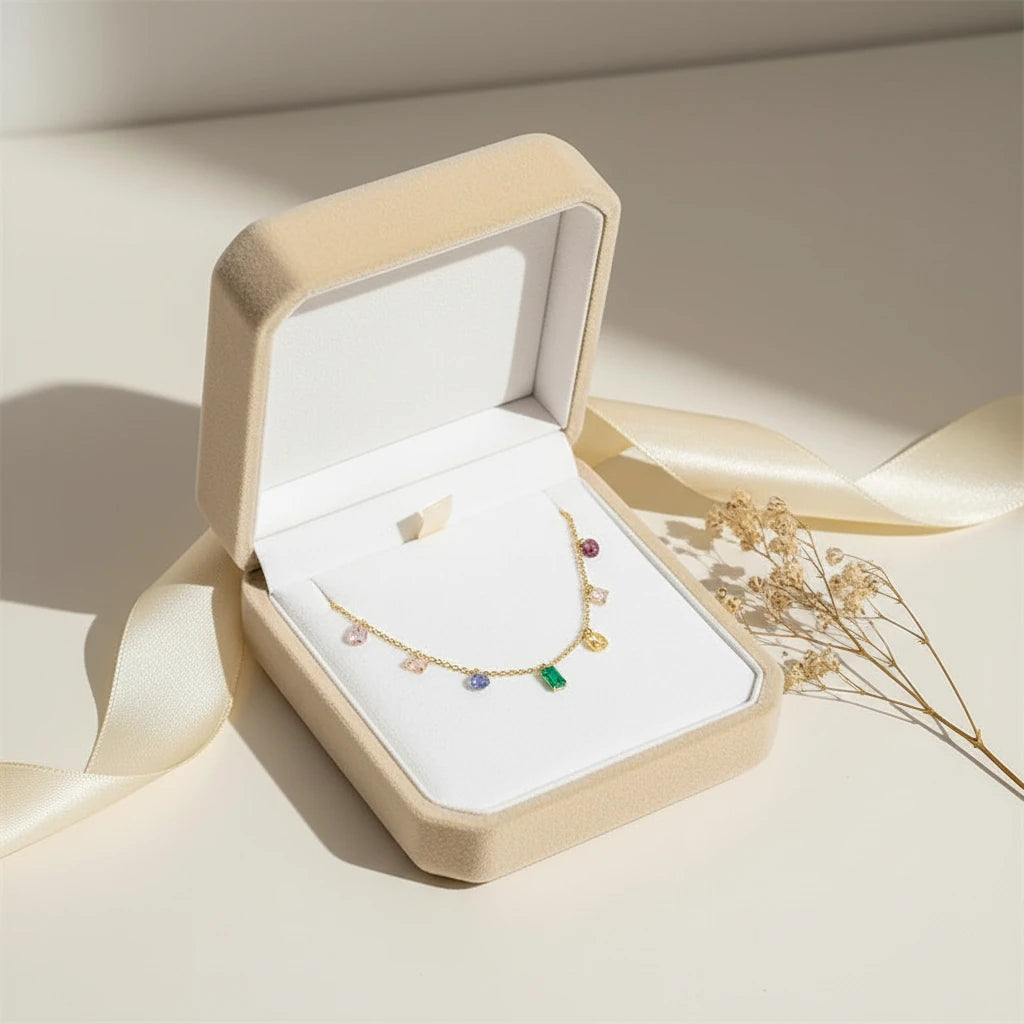 Elegant Zircon Necklace displayed inside a beige jewelry box with ribbon and dried flowers — perfect for gifting | Oria Jewel