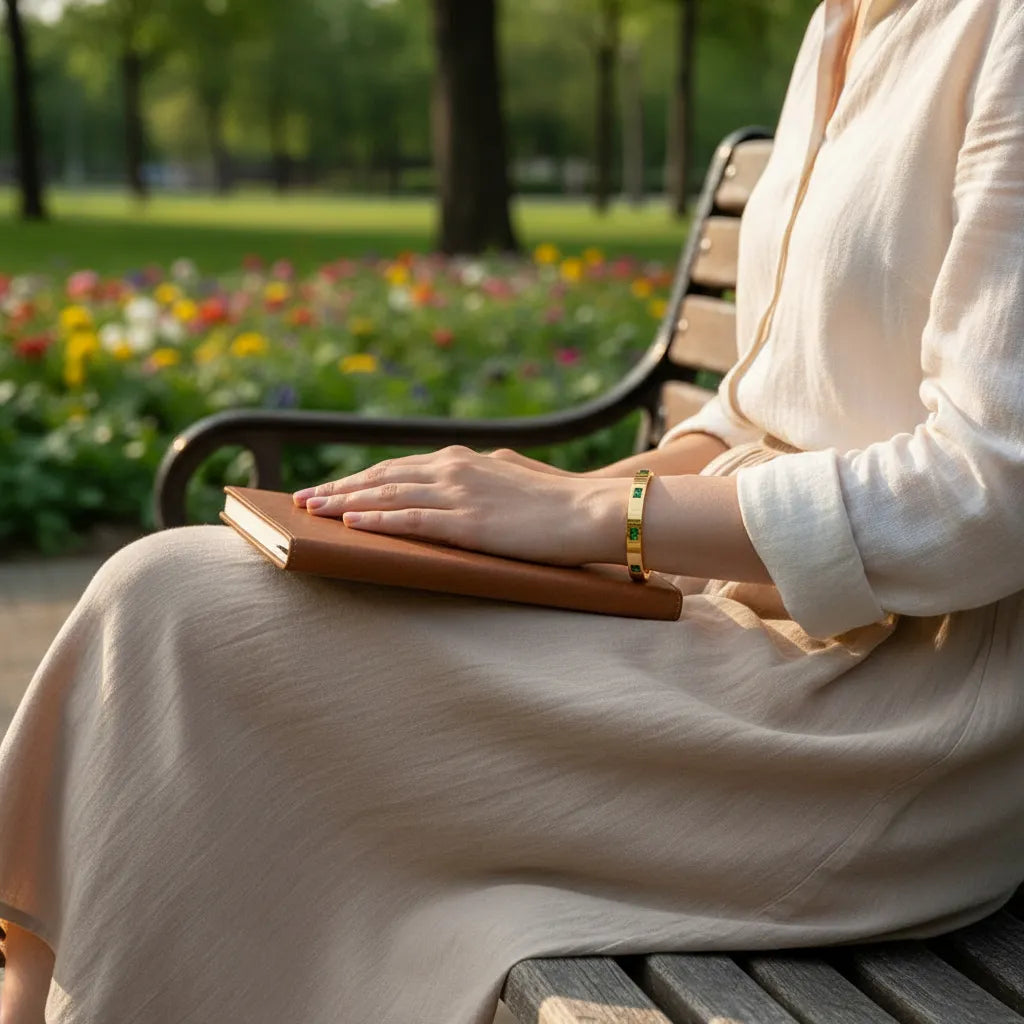 Woman sitting on a park bench in a flowing cream dress, hands resting on a brown notebook while wearing the Emerald Gold Hinged Bangle, with colorful flower beds blurred in the background | Oria Jewel