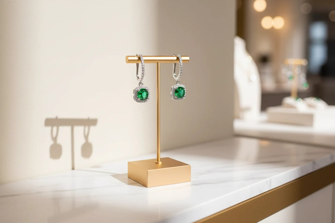 Emerald Green Drop Huggie Earrings on gold display stand in soft sunlight | OriaJewel