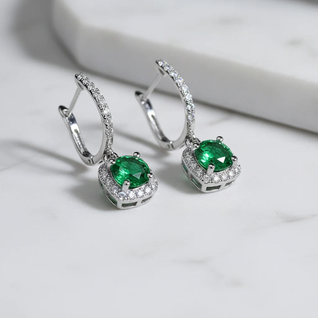 Emerald Green Drop Huggie Earrings angled macro showing huggie hoops and drops | OriaJewel