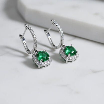 Emerald Green Drop Huggie Earrings angled macro showing huggie hoops and drops | OriaJewel
