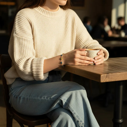 Cozy café scene showing a woman in a cream knit sweater and light jeans holding a warm cup, with the multicolor Evil Eye Charm Bracelet wrapped around her wrist catching the golden afternoon light | Oria Jewel