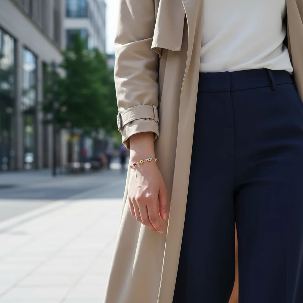 Street-style shot of a woman in a beige trench coat and navy trousers walking in the city, her wrist adorned with the colorful Evil Eye Charm Bracelet that adds a playful pop against her minimalist outfit | Oria Jewel