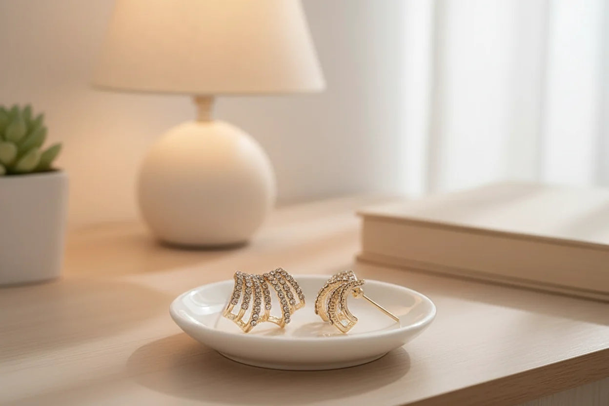 Fan Ear Cuff Earrings on white dish with lamp and book background | OriaJewel