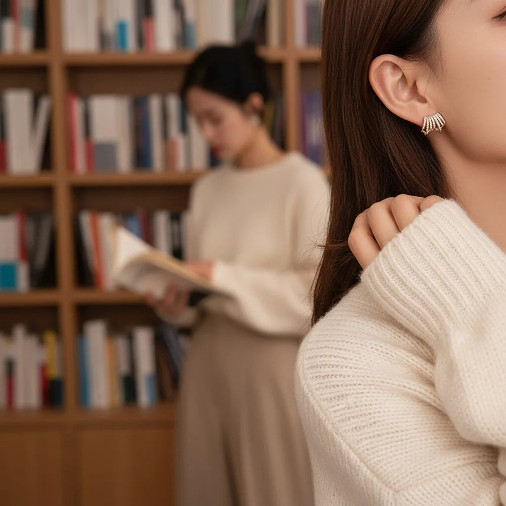 Fan Ear Cuff Earrings worn on model in cozy library setting | OriaJewel