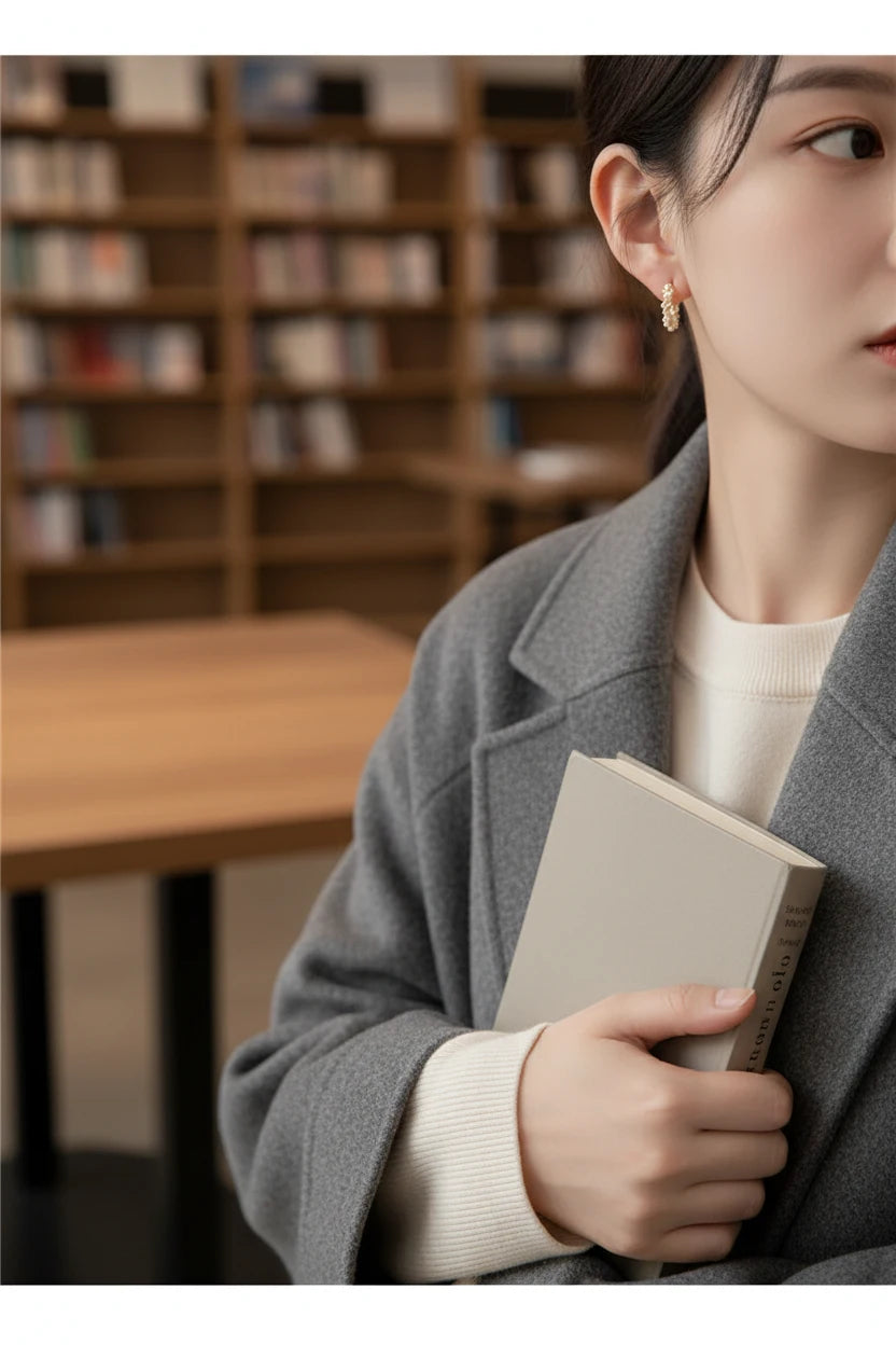 Freshwater Pearl Hoop Earrings worn on model in library setting | OriaJewel