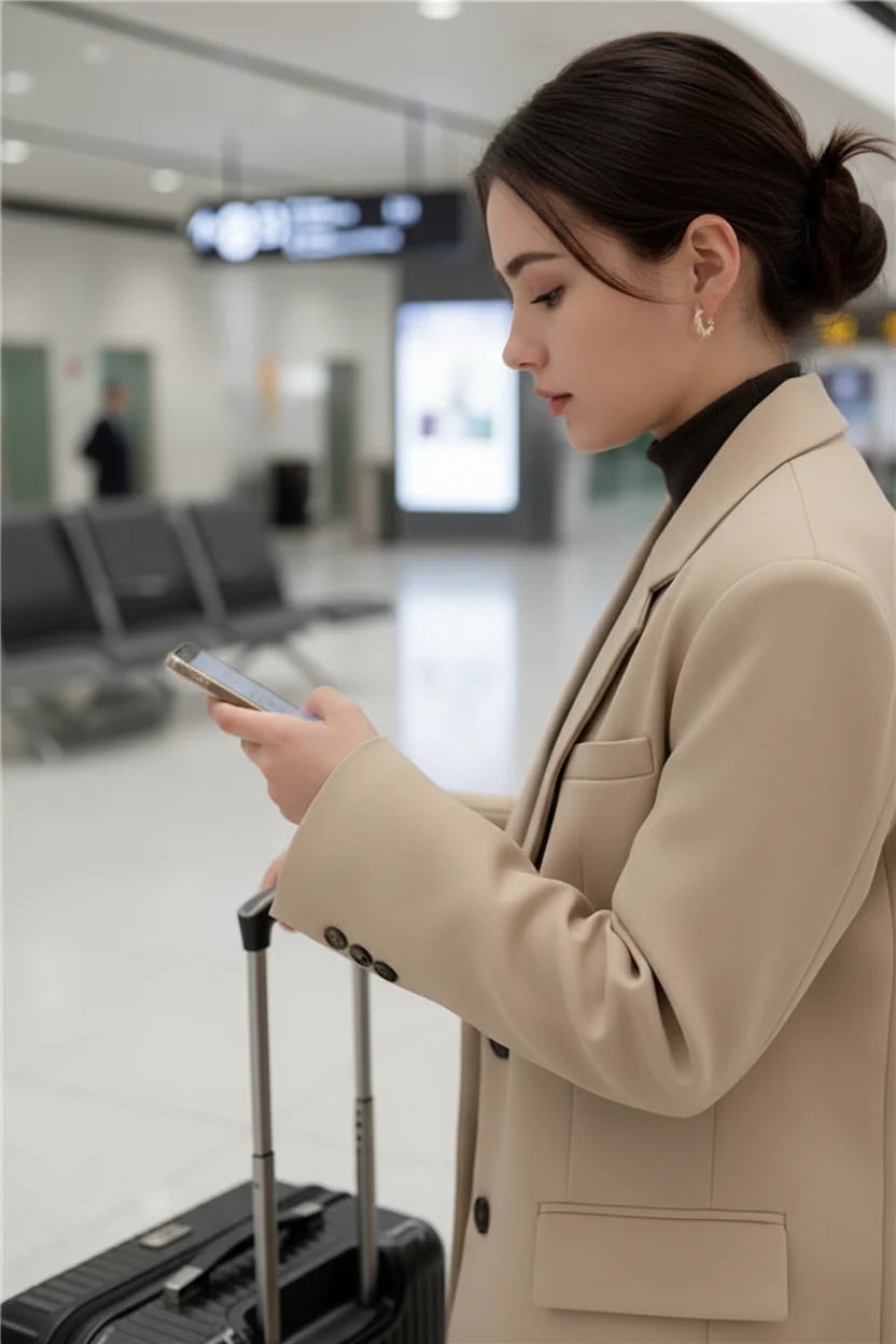 Freshwater Pearl Hoop Earrings worn on model at airport with suitcase | OriaJewel