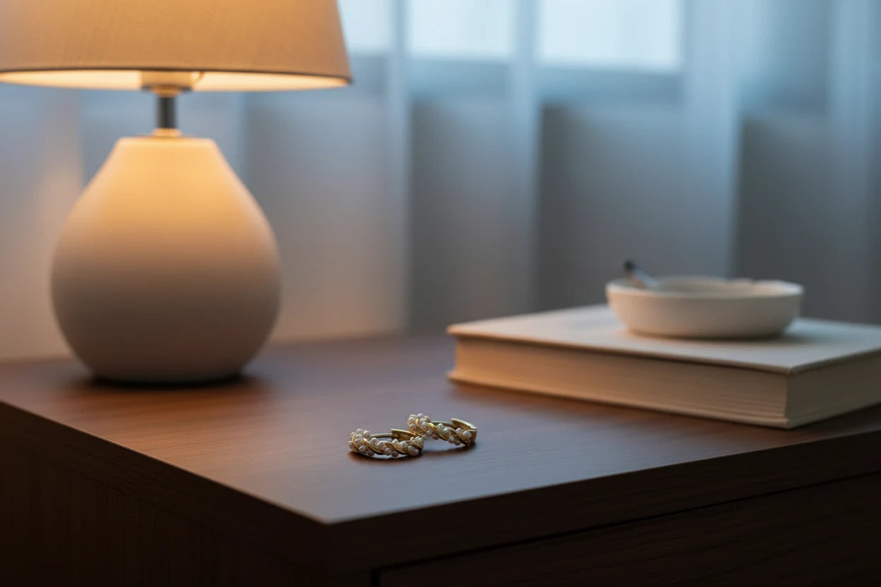 Freshwater Pearl Hoop Earrings on bedside table with lamp | OriaJewel