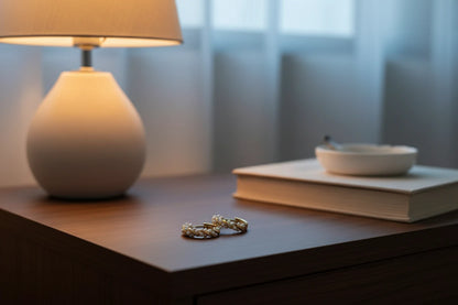 Freshwater Pearl Hoop Earrings on bedside table with lamp | OriaJewel