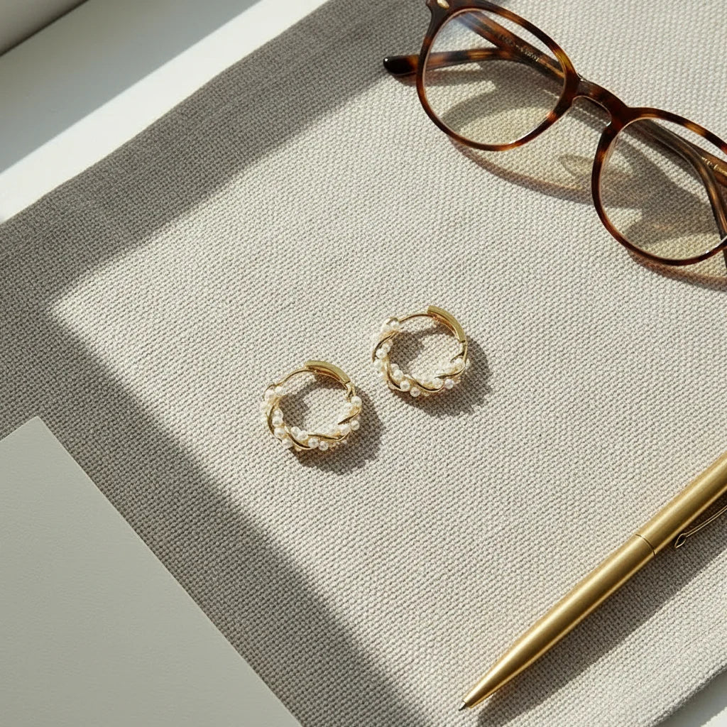 Freshwater Pearl Hoop Earrings flat lay with glasses and pen | OriaJewel