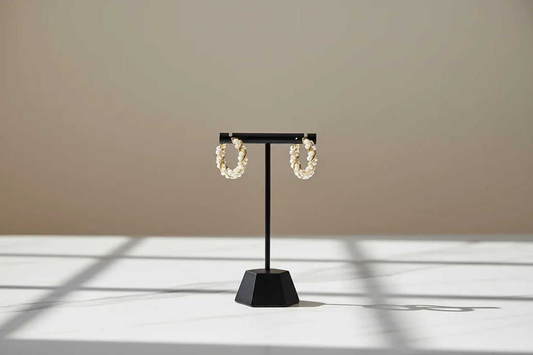 Freshwater Pearl Hoop Earrings on black display stand | OriaJewel