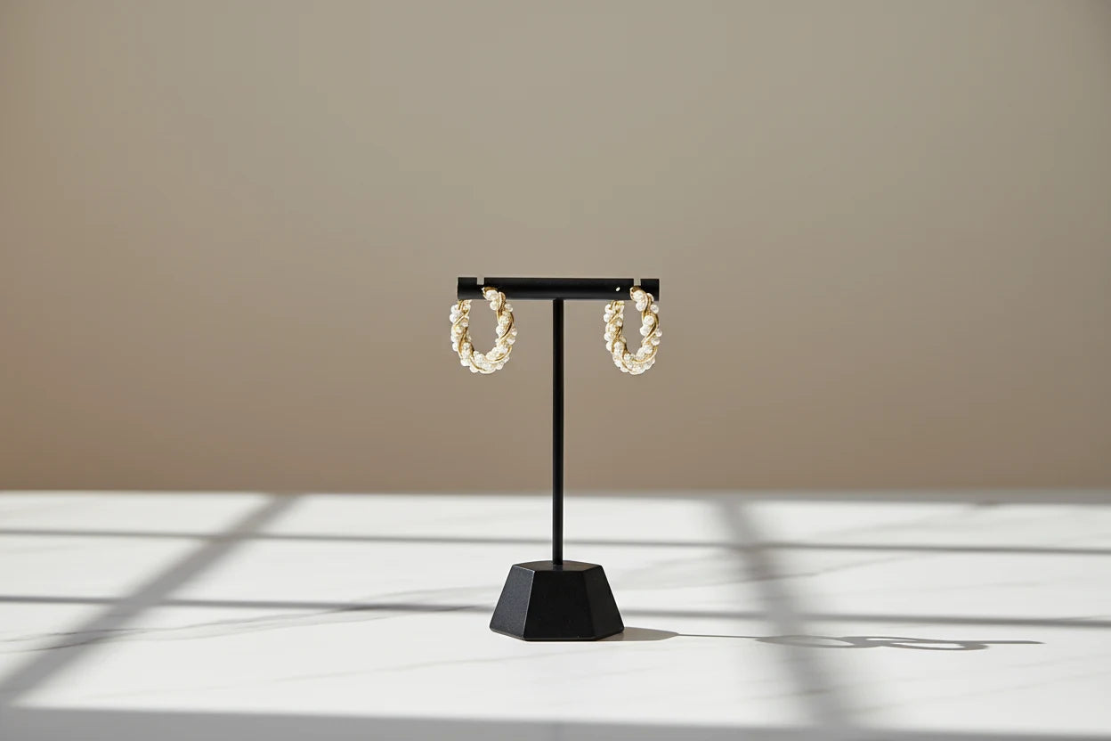 Freshwater Pearl Hoop Earrings on black display stand | OriaJewel